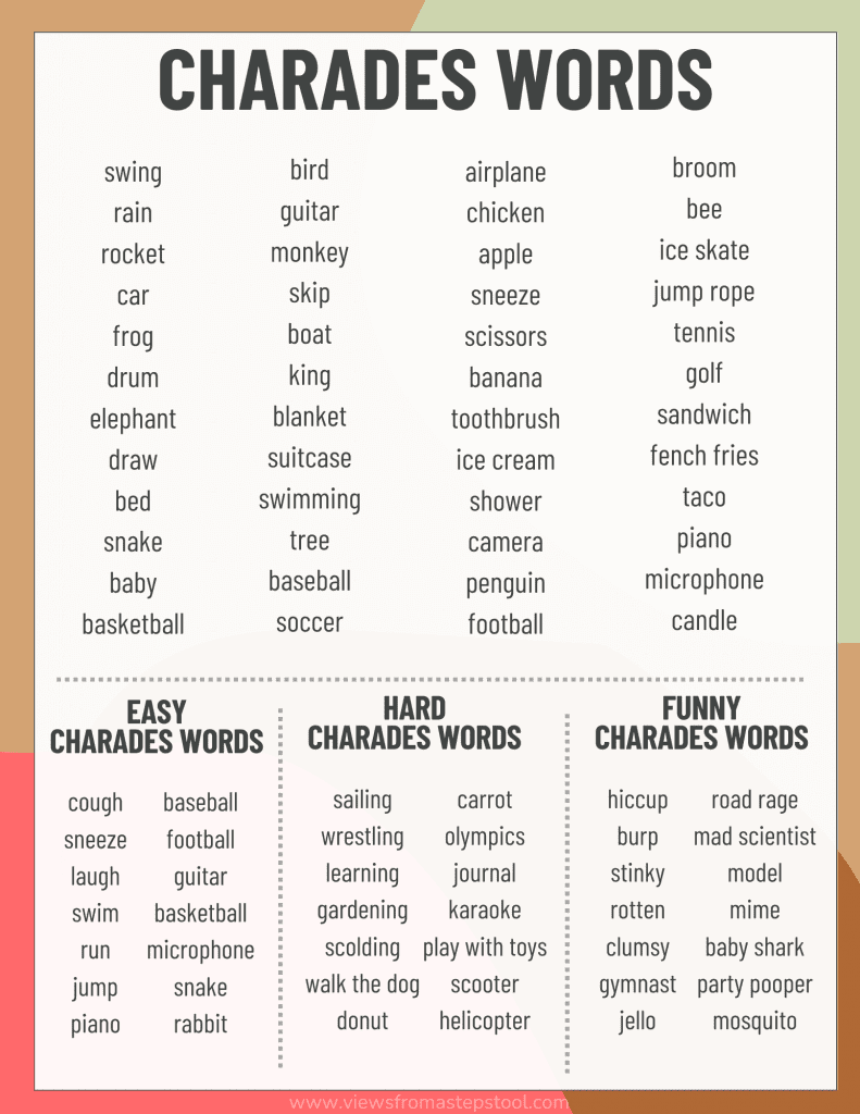 charades ideas for families + printable word list - views from a